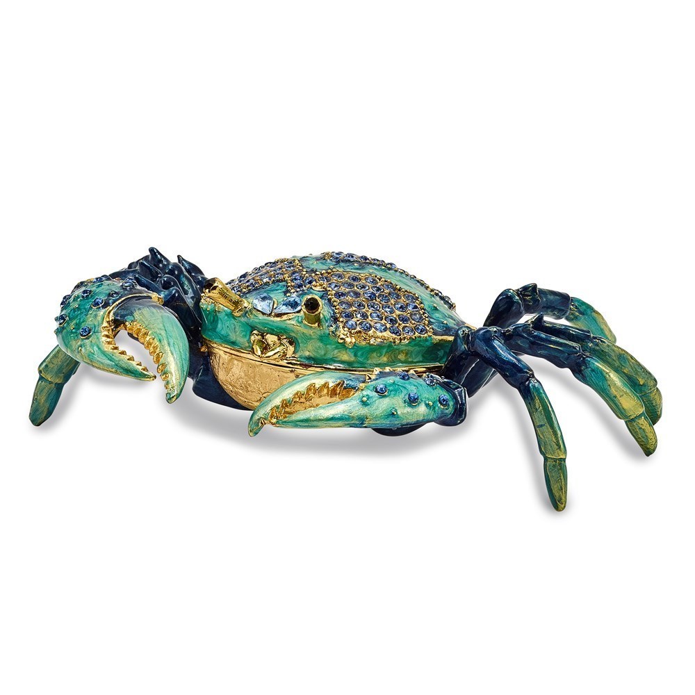 Pewter Bejeweled Crystals Enameled CHESAPEAKE Blue Crab Trinket Box w Pendant